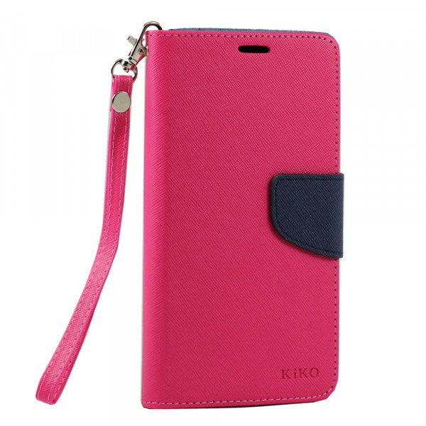 Wholesale Samsung Galaxy Note 4 Diary Flip Leather Wallet Case w Stand and Strap (Hot Pink Blue)